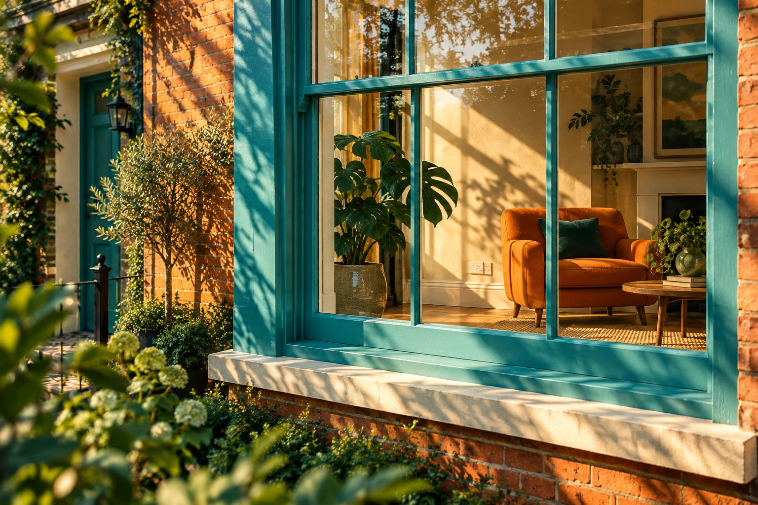 Sunlit British home with teal windows and an orange interior
