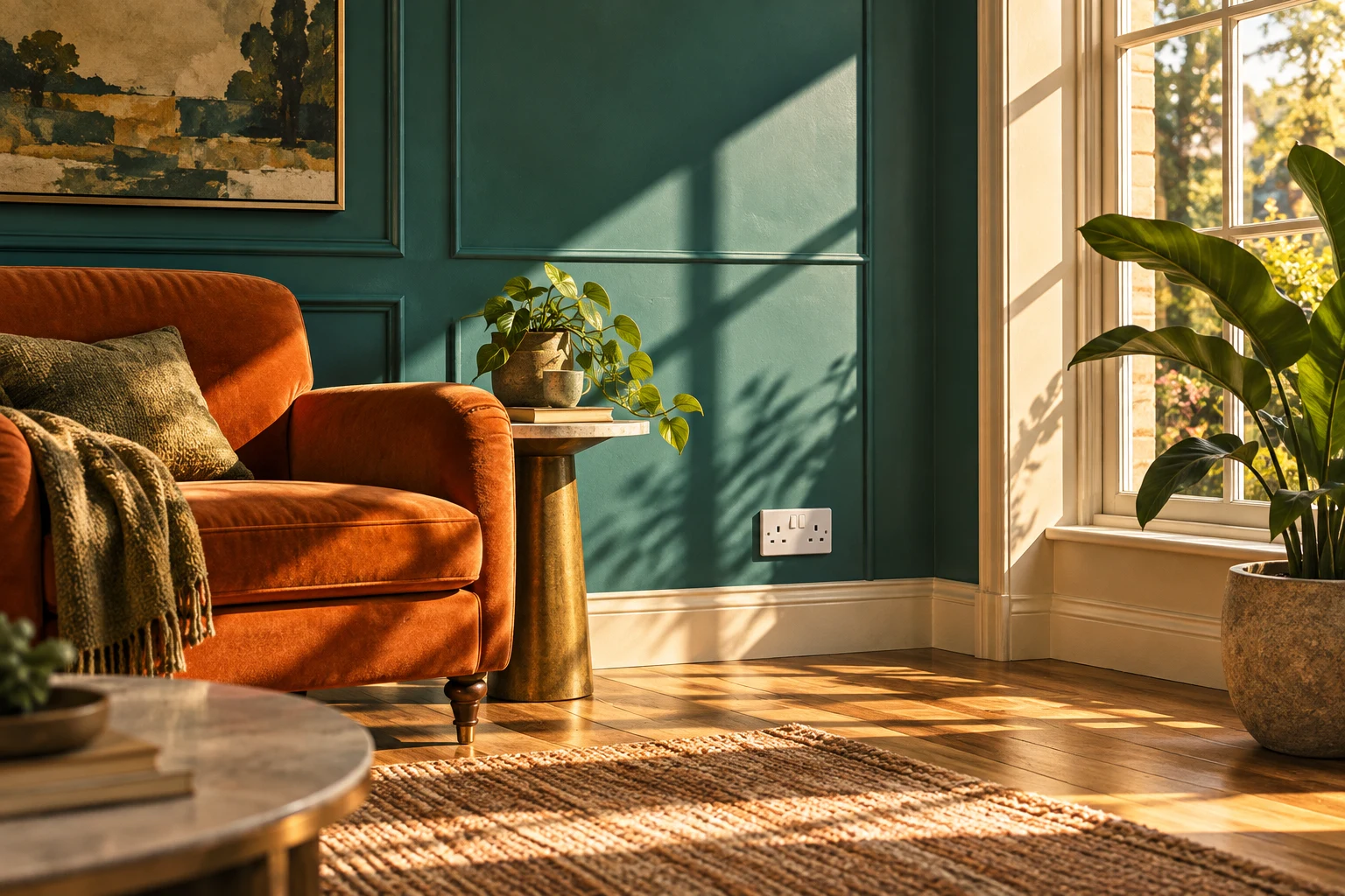 Warm sunlit living room with an orange armchair and a wall socket