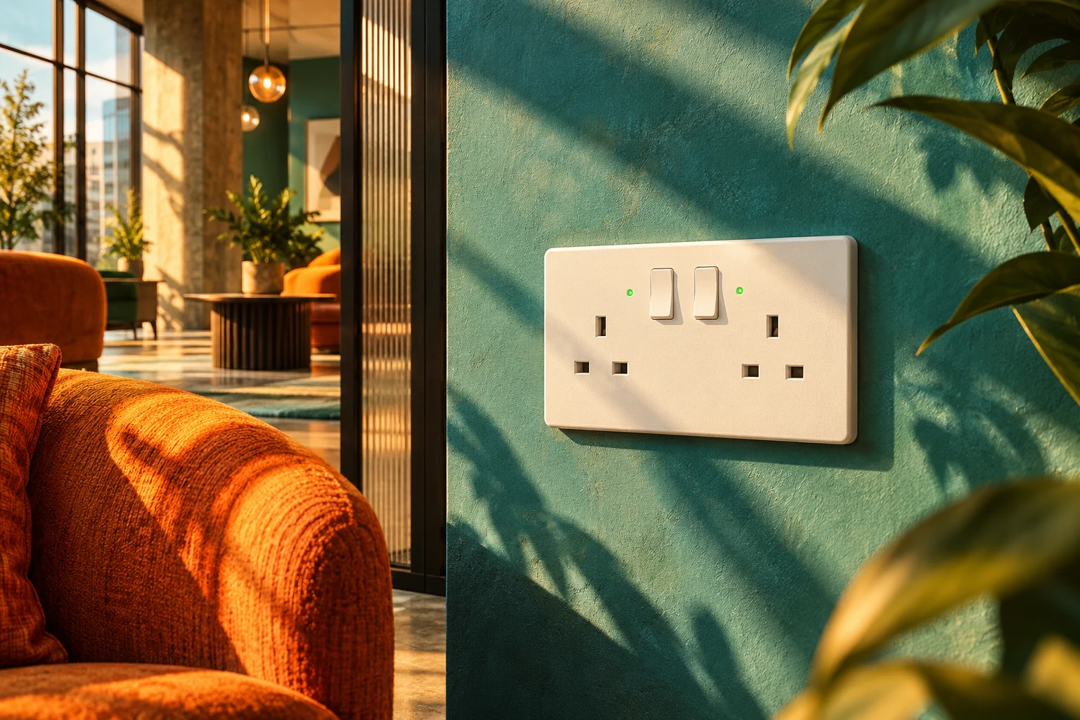 Concept illustration of a twin electrical socket in teal and orange sunlight